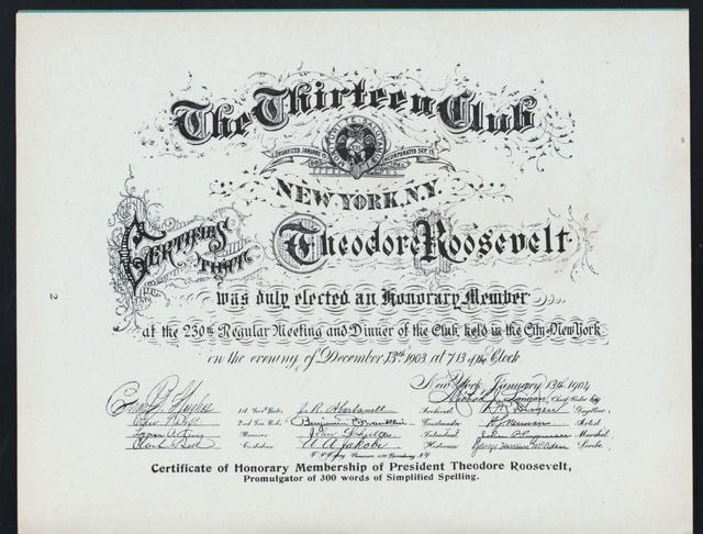 An image of Theodore Roosevelt's certificate of honorary membership of the Thirteen Club.