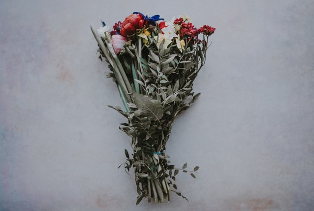 An image of a simple bunch of flowers against a grey background.