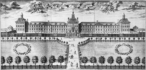 An engraving of a 17th century grand building.